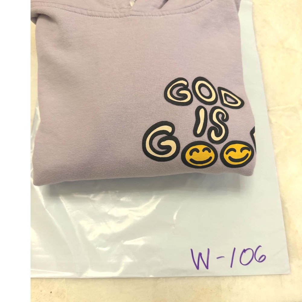 God Is Good Lavender Purple Hoodie Puff Print Surf Van Smiley Face Women Medium - Picture 4 of 5